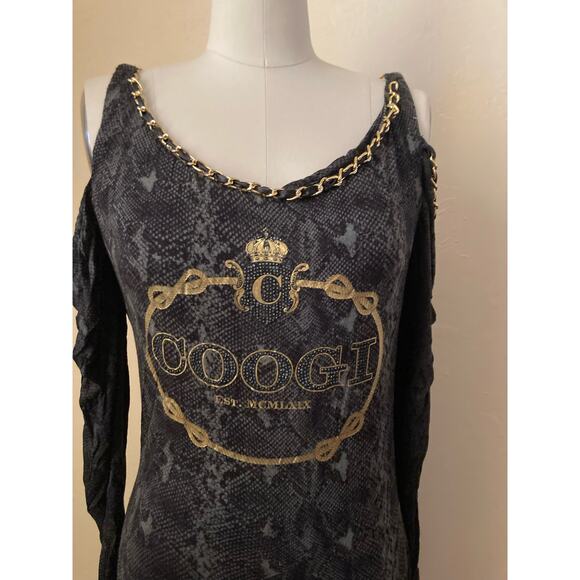 Coogi Women's Dress Size M Black Snake Skin Print Gold Chain Cold Shoulder - Picture 4 of 7